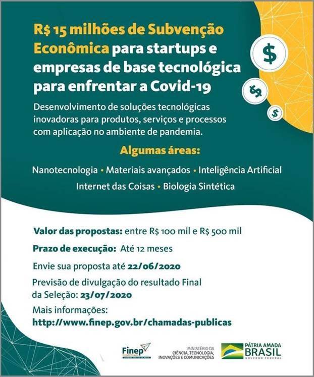 COVID-19 : R$ 15 milhões de Subvenção Econômica para startups e empresas de base tecnológica